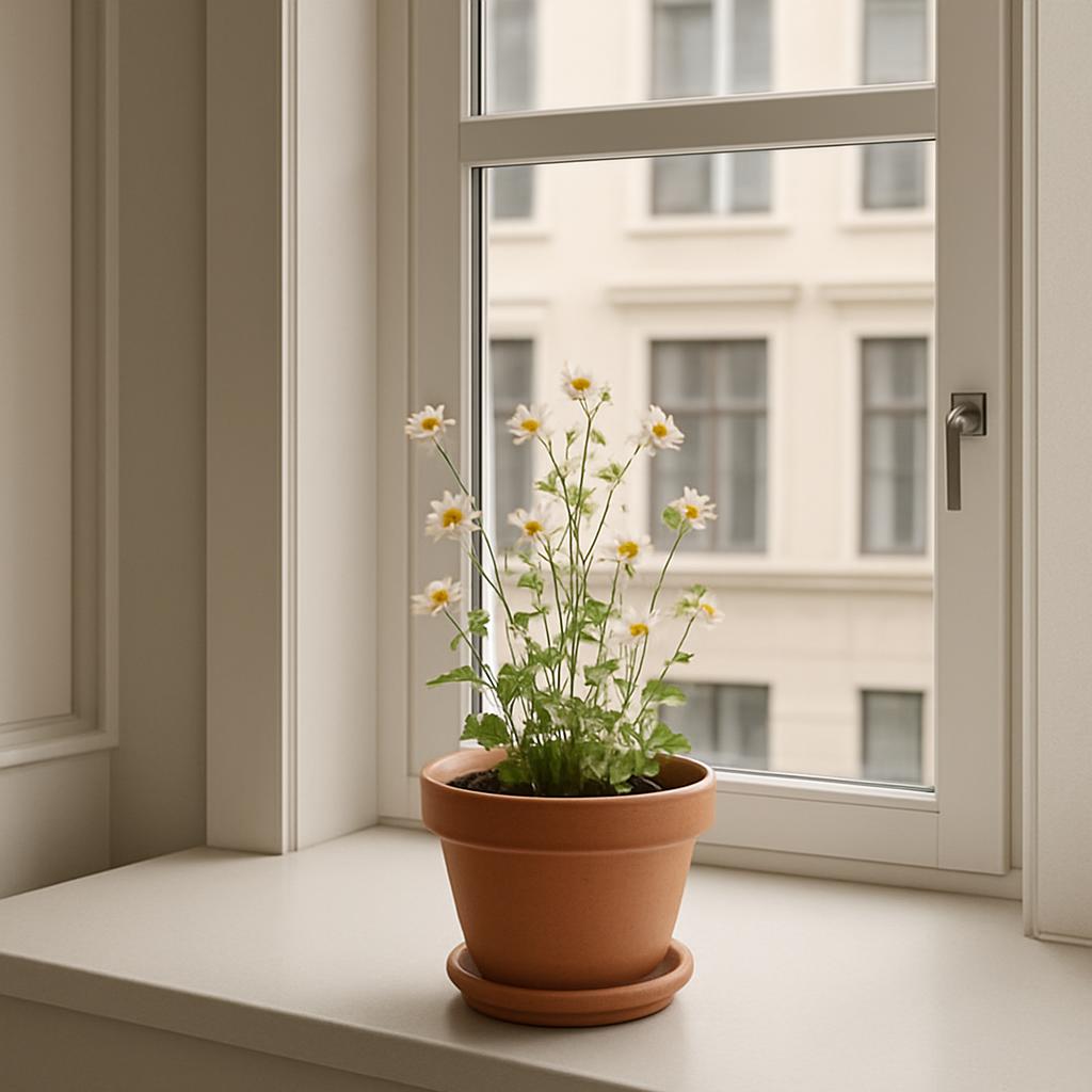 A small pot with a white and yellow daisy plant sitting on a white windowsill. The window has groups of rectangular glass ...
