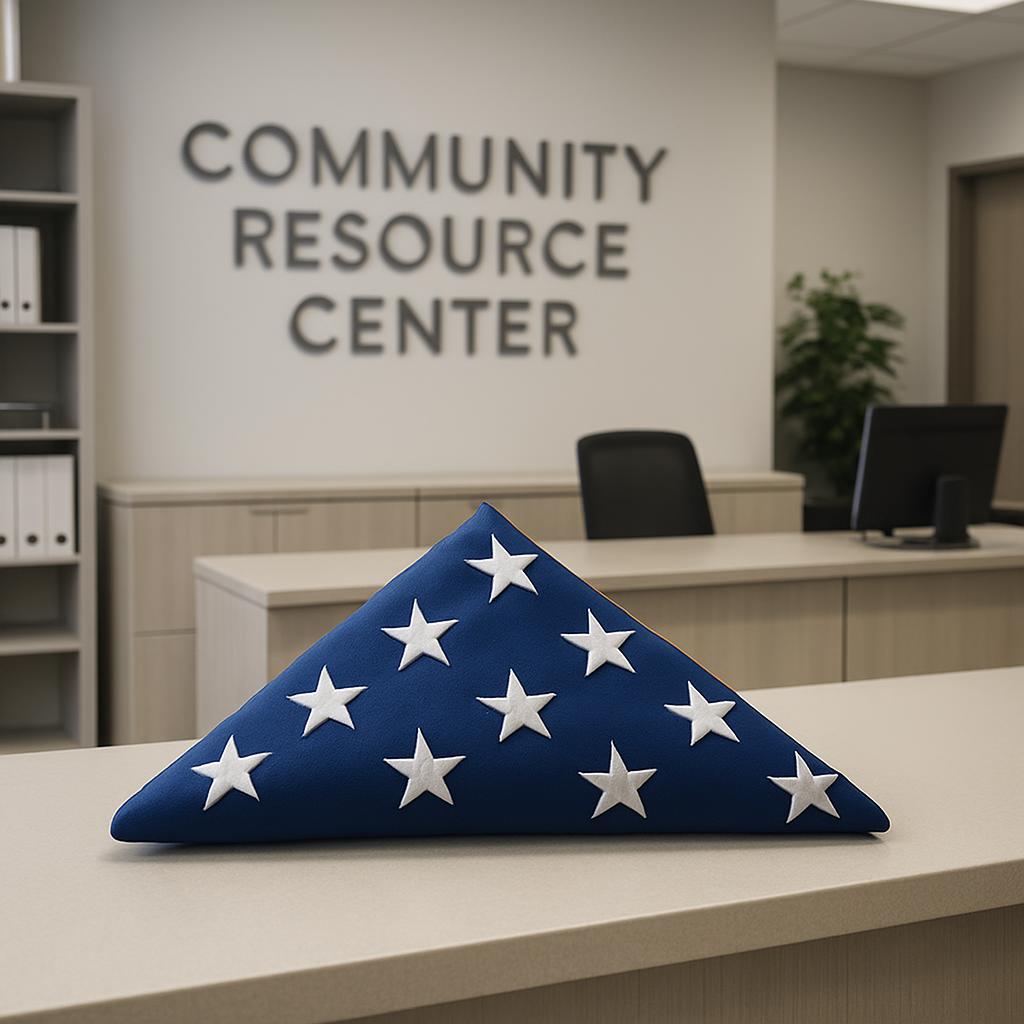 The folded American flag on a table, with a Community Resource Center in the background Folded gorgeous American flag drap...